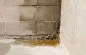 Water puddles and damp spots seeping through after heavy rain, a sign of cracks in basement floor problem in Front Royal, VA.