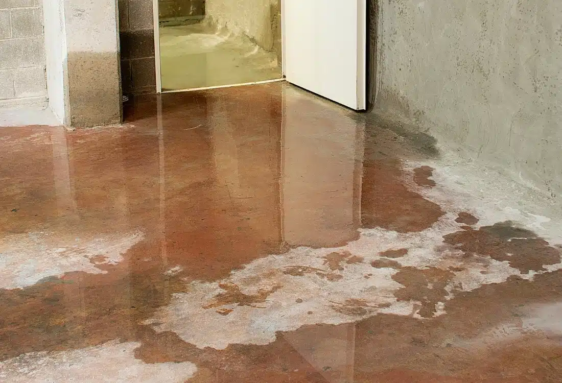 Concrete floor with standing water and efflorescence causing a musty smell in basement in Fairfax, VA.