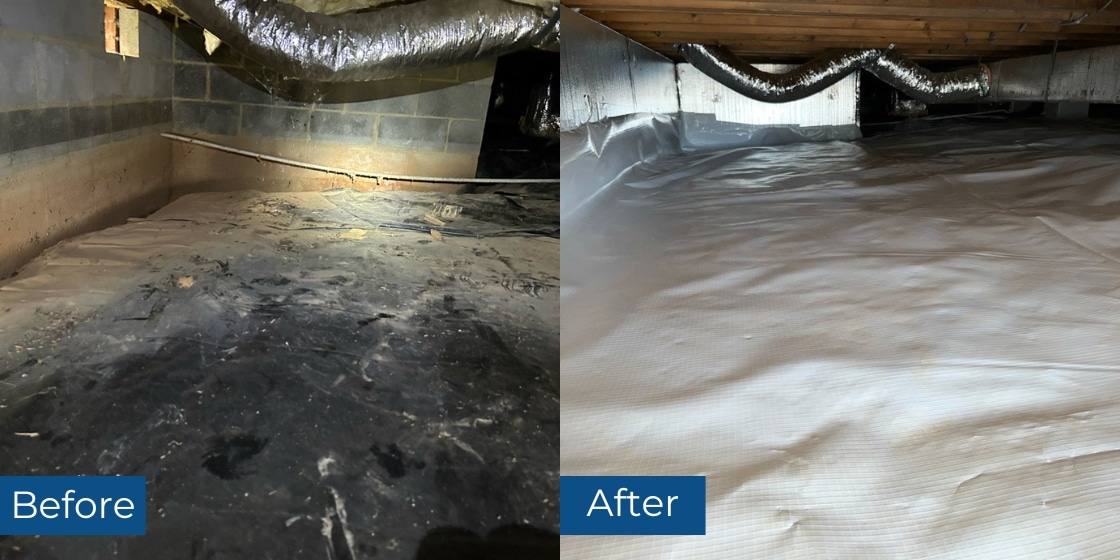 Before and after crawl space water damage repair in Culpeper, VA, showing moisture-damaged area transformed with encapsulated space.