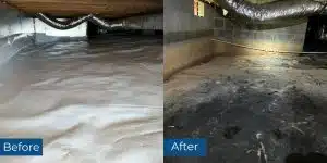 Before and after crawl space water damage repair in Culpeper, VA, showing moisture-damaged area transformed with encapsulated space.