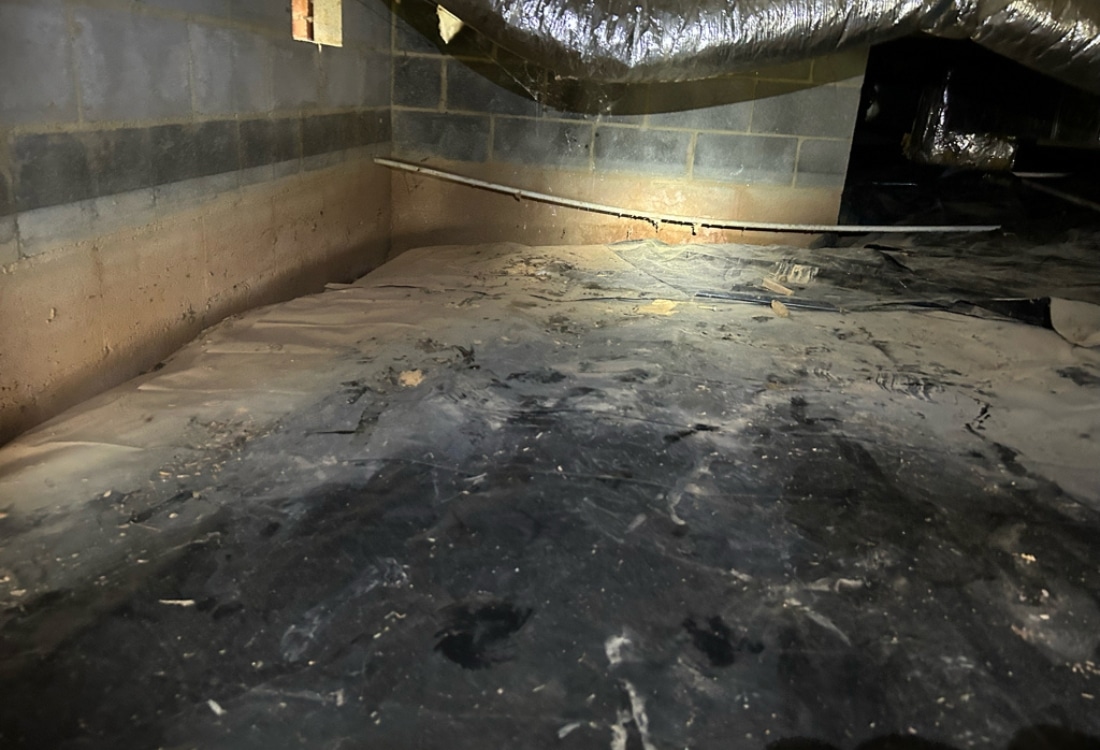Moisture-damaged area with deteriorated insulation and vapor barrier before crawl space water damage repair in Culpeper, VA.