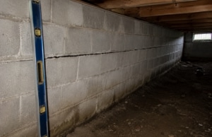 Bowing crawl space foundation wall with a horizontal crack, sign of crack in crawl space foundation wall problem in Alexandria, VA.