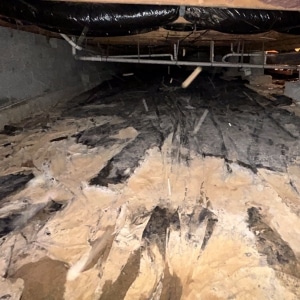Torn and bunched vapor barrier exposing bare dirt around the edges of floor causing cold floors above crawl space in Bristow, VA.
