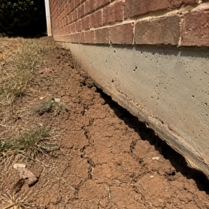 Cracked dry soil pulling away from a foundation wall in Clear Brook, VA, a cause of uneven settlement in Clear Brook, VA.