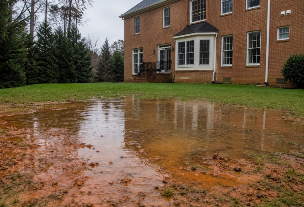 Standing water pooled in a backyard after rain, showing yard drainage problems a French drain fixes in Alexandria, VA.