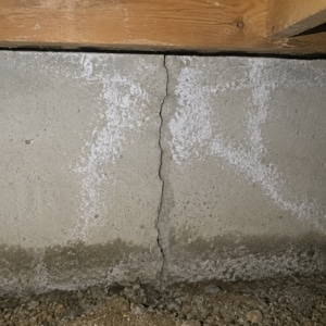 Foundation crack letting cold air into crawl space beneath causing cold floors above crawl space in Flint Hill, VA.