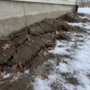 Frost heave and freeze-thaw soil expansion near a foundation wall causing basement floor movement in Gainesville, VA.