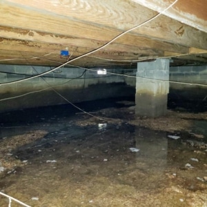 Standing water pooled on a crawl space dirt floor from groundwater seepage, causing crawl space condensation in Alexandria, VA.