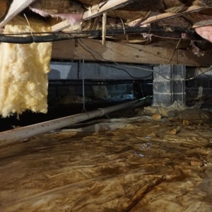 Standing water and fallen insulation in flooded crawl space from groundwater seepage raising humidity in Charles Town, WV.