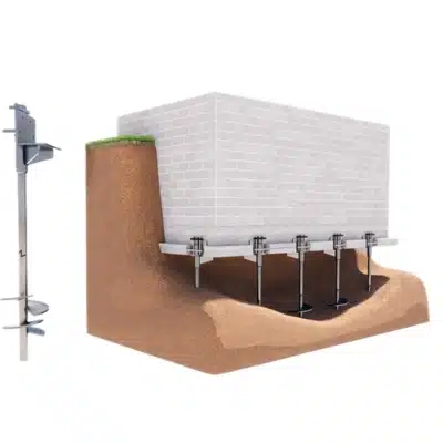 Illustration of helical pier system anchored into stable soil beneath foundation to fix sticking doors and windows in Alexandria, VA.