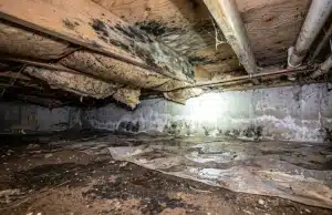 Black mold covering wooden floor joists above standing water dirt floor, a sign of cold floors above crawl space in Brambleton, VA.