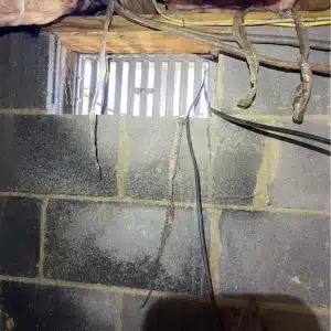 Open crawl space foundation vent allowing humid outdoor air causing wet crawl space insulation in Flint Hill, VA.