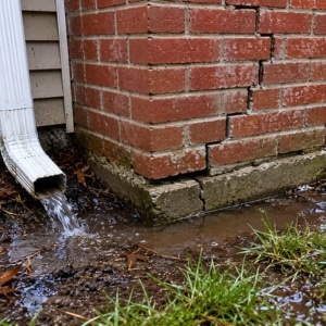 Downspout pouring water directly at a chimney base saturating the soil and causing chimney footing brick cracks in Flint Hill, VA.
