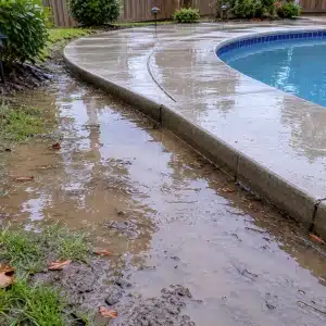 Waterlogged saturated soil collecting around a concrete pool deck perimeter causing sinking pool deck in Gainesville, VA.