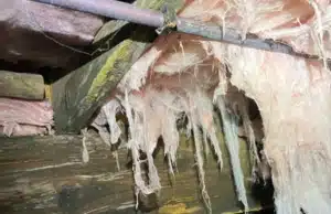 Sagging wet fiberglass insulation falling from crawl space joists, a sign of wet crawl space insulation problem in Berryville, VA.