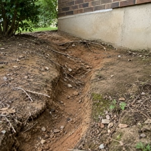 Deep erosion channel cutting through soil toward a foundation wall, a cause of uneven settlement in Charles Town, WV.