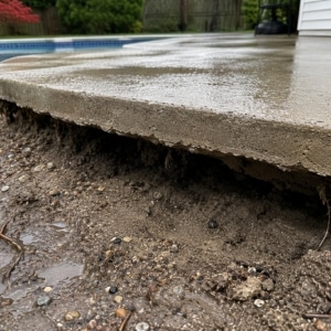 Heavy rain actively washed soil away from beneath a concrete pool deck edge causing a sinking pool deck in Brambleton, VA.