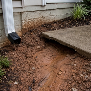 Clay soil eroded near downspout and concrete walkway, causing uneven sidewalk in Linden, VA.