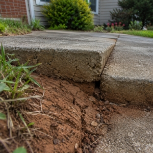 Concrete sidewalk slab dropped lower than adjacent section from settlement, causing uneven sidewalk in Marshall, VA.