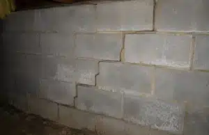 Stair-step crack pattern along block mortar joints, sign of crack in crawl space foundation wall problem in Flint Hill, VA.
