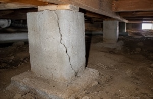 Cracked support post beneath floor joists, sign of crack in crawl space foundation wall problem in Stephens City, VA.