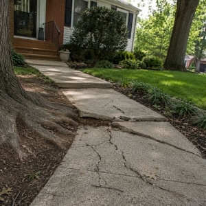 Thick tree root growing across and beneath concrete lifting slab, causing uneven sidewalk in Stephens City, VA.