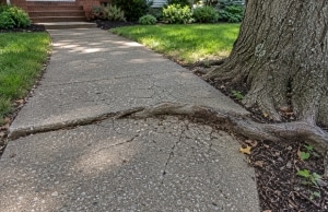 Mature tree roots lifting and cracking concrete, a sign of uneven sidewalk in Manassas, VA.