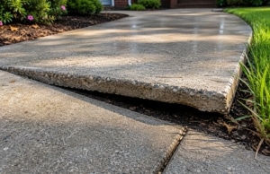 Lifted concrete sidewalk slab edge creating raised trip hazard, a sign of uneven sidewalk in Gainesville, VA.