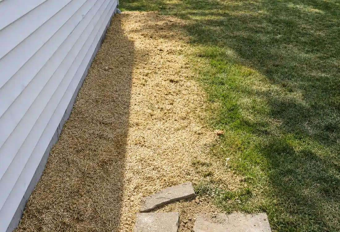 Completed exterior waterproofing in Alexandria VA with backfill topsoil and straw spread along foundation after french drain removal.