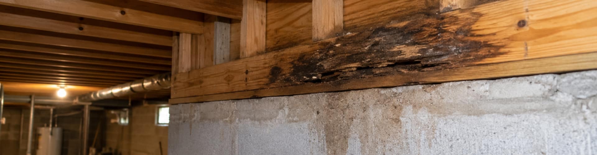 Rotted sill plate and floor joist in basement showing early signs of basement wood rotting damage in Northern Virginia.