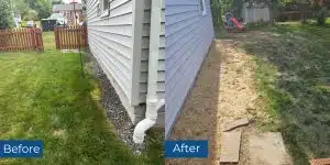 Before and after exterior waterproofing in Alexandria VA with French drain with gravel and foundation wall with topsoil and straw.