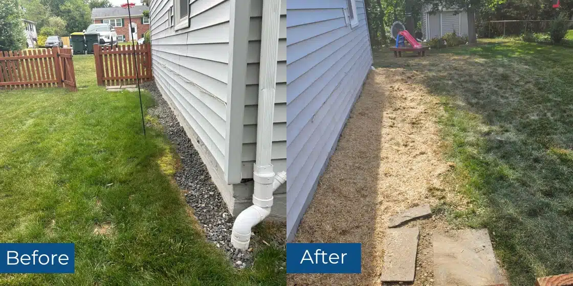 Before and after exterior waterproofing in Alexandria VA with French drain with gravel and foundation wall with topsoil and straw.