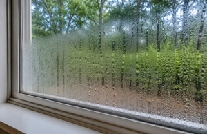 Condensation forming on window from humid crawl space air rising, sign of indoor allergy or asthma problem in Manassas, VA.