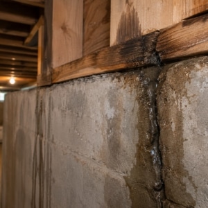 Water seeping through a foundation crack onto a basement sill plate, causing basement wood rotting in Stephens City, VA.