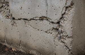Cracks running through foundation wall showing surface and structural damage, sign of chipping concrete in Alexandria, VA.