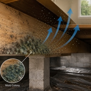 Illustration of mold spores releasing from crawl space floor joists causing indoor allergy or asthma symptoms in Alexandria, VA.