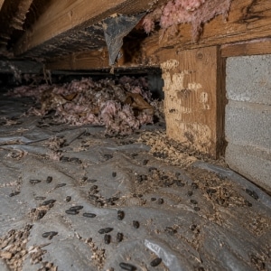 Rodent droppings in crawl space showing pest allergen sources causing indoor allergy or asthma symptoms in Stephens City, VA.