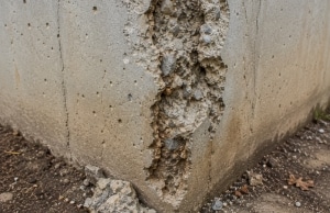 Crumbling concrete foundation corner from moisture absorption and freeze-thaw damage, sign of chipping concrete in Flint Hill, VA.