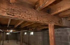 Cube-like cracking pattern on a basement beam from dry rot, sign of basement wood rotting in Linden, VA.