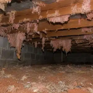 Shredded and damaged crawl space insulation pulled from floor joists causes crawl space pest nesting in Winchester, VA.