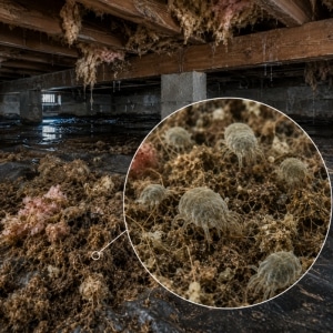 Illustration of dust mites in crawl space insulation triggering indoor asthma or allergy symptoms in Front Royal, VA.