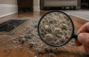 Magnifying glass over dust on a home floor from crawl space air rising, sign of indoor allergy or asthma problem in Bristow, VA.
