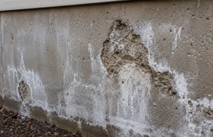 White efflorescence deposits forming on foundation wall from moisture within, sign of chipping concrete problem in Gainesville, VA.