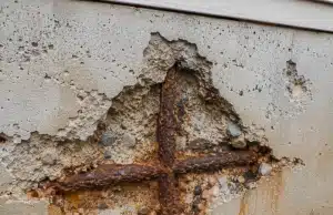 Exposed rusted rebar visible through concrete foundation wall, a sign of chipping concrete in Bristow, VA.