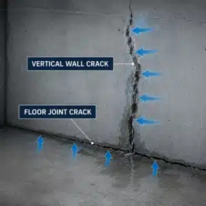 Illustration of water entering a basement through a vertical wall crack and floor joint opening causes damp basement in Berkeley, WV.
