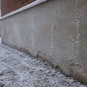 Freeze-thaw damage on a foundation wall showing surface scaling from winter frost cycles causing chipping concrete in Berryville, VA.