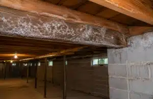 Fuzzy white fungal growth on a basement joist showing active sign of basement wood rotting in Ashburn, VA.