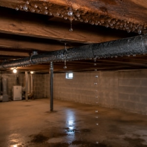 Condensation forming on a basement pipe and joist showing elevated humidity causing wood rotting in Berryville, VA.