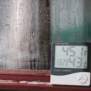 Hygrometer placed on a damp basement window showing high humidity levels causing peeling or bubbling paint on basement walls in Reston VA.