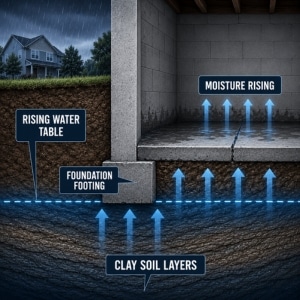 Illustration of a rising water table pushing groundwater upward through foundation footing causing damp basement in Alexandria, VA.
